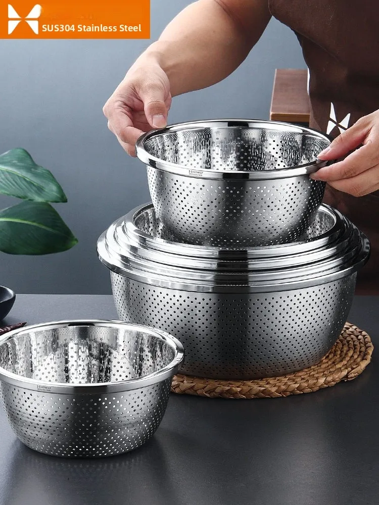 

304 Stainl Steel Drain Basket Kitchen Fruit Strainer Small Iron Basin Fine Hole Large Basin Set Home Use Utili Sink