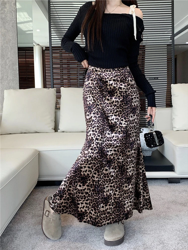 2024 Spring Elegant Women Thin Satin Animal Printed Skirt Zipper A Line Female High Waisted Midi Long Skirt Y2K Bottoms