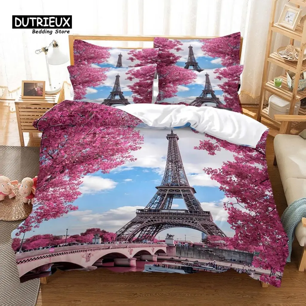 

Eiffel Tower Bedding Set, 3Pcs Duvet Cover Set, Soft Comfortable Breathable Duvet Cover, For Bedroom Guest Room Decor