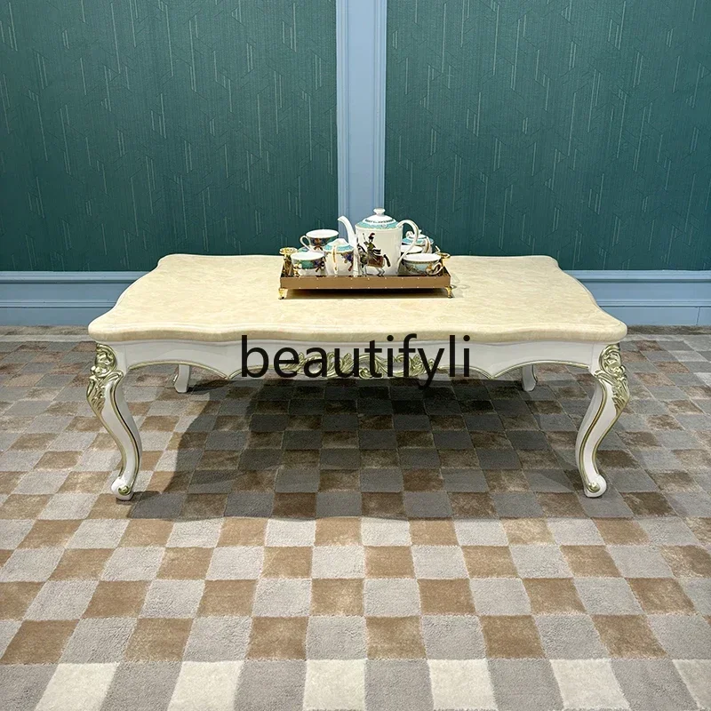 B32 French solid wood large coffee table, European living room marble tea table small apartment tea table neoclassical carving