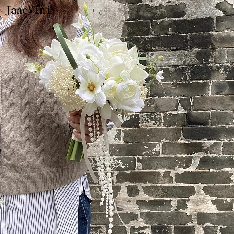 

JaneVini Elegant Artificial White Bridal Flowers Pearl Wedding Bouquets Deko Hochzeit Bride Hand Flower Accessories Blumenstrauß
