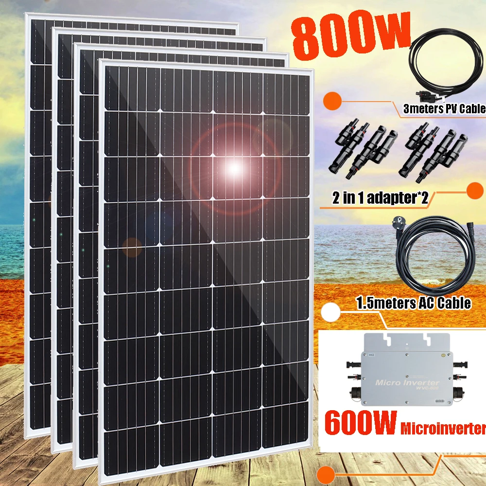 800w Glass Solar Panel Photovoltaic Panel Solar System Balcony Home for Socket 220v 230v Micro Inverter On Grid Solar PV System