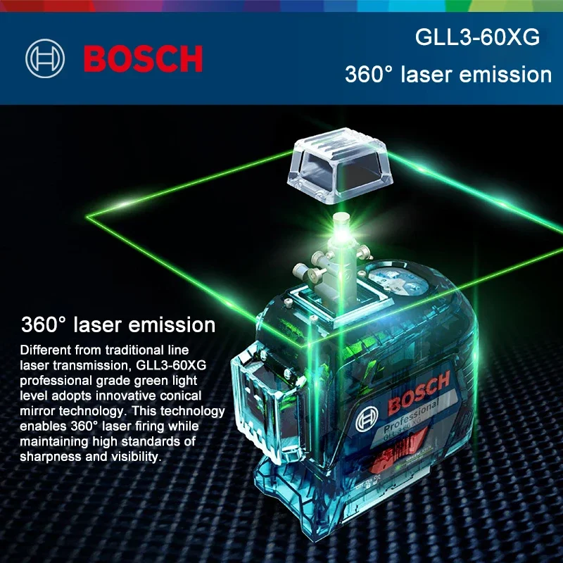 Nivel Láser BOSCH de 12 Líneas GLL3-60XG Verde, Nivel 3D Autonivelante, 360 Horizontal y Vertical, Herramienta de Medición Precisa