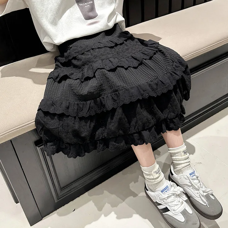 2024 Korean Summer Children Girl Skirt Teenager Girl Hollow Out Lace Cake Skirt School Girl Comfortable Breathable Skirt