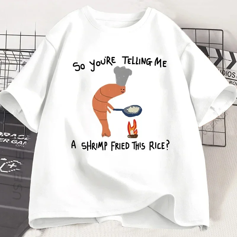 Camiseta con estampado extraño de camarones fritos con este arroz, camisetas holgadas informales de moda de manga corta para mujer