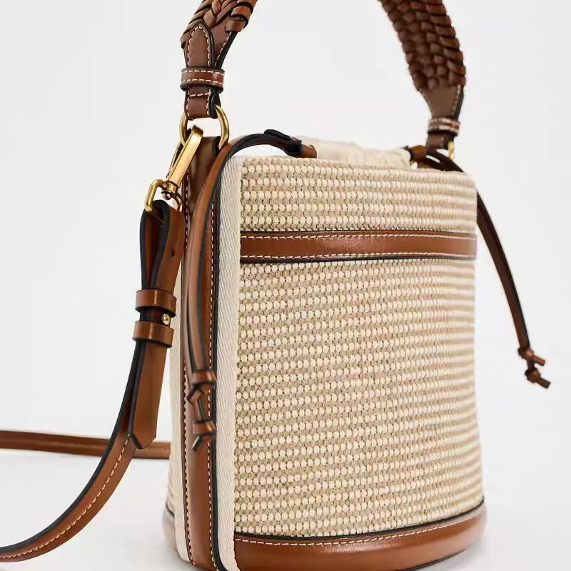 Fashion Straw Bucket Bag Weave Women Handbags Designer Panelled Shoulder Crossbody Bags Casual Summer Beach Small Tote Purses