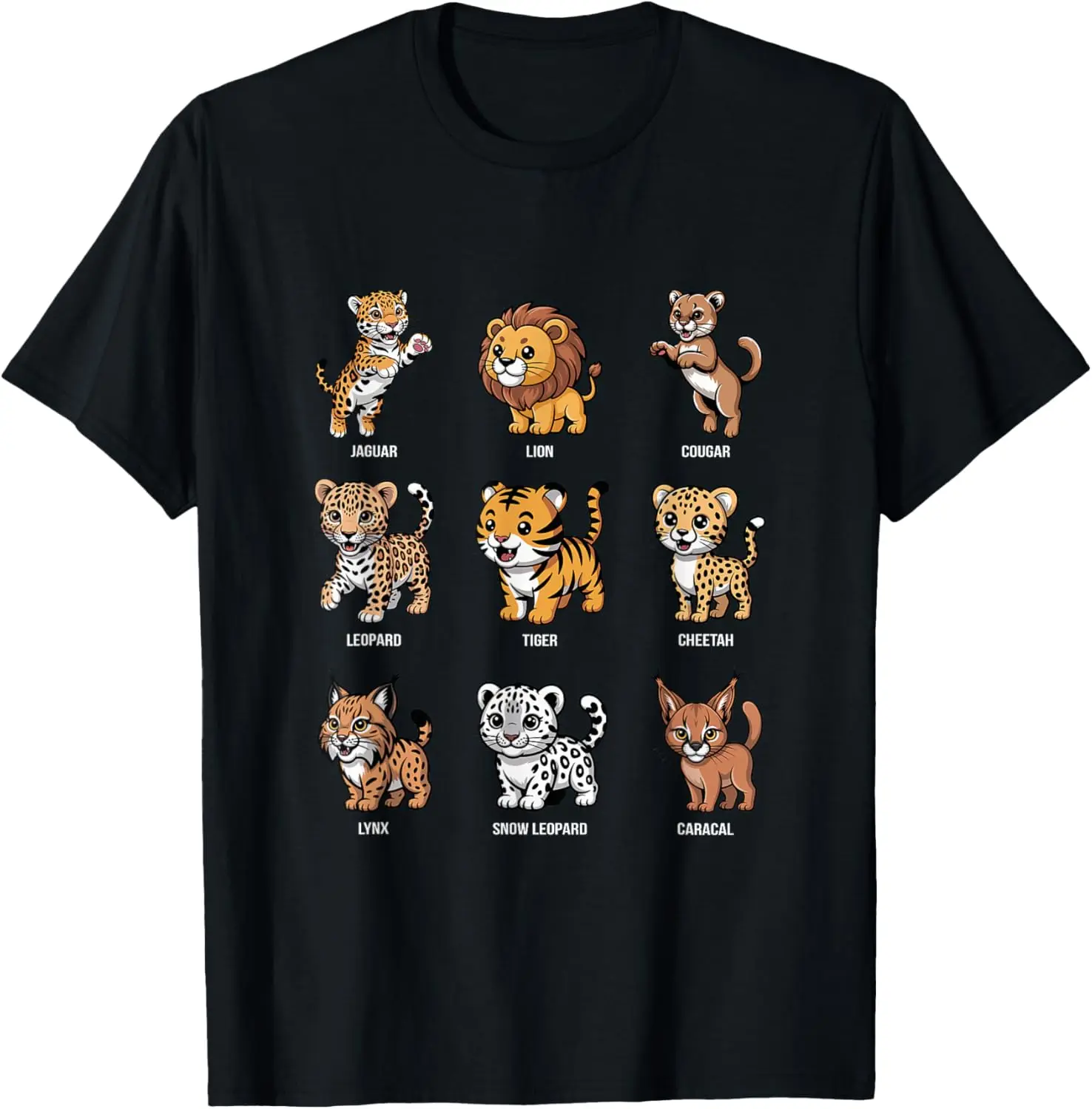 

Cartoon Big Cats Graphic Tee Jaguar Lion Tiger Snow Leopard Print T-Shirt Men Travel