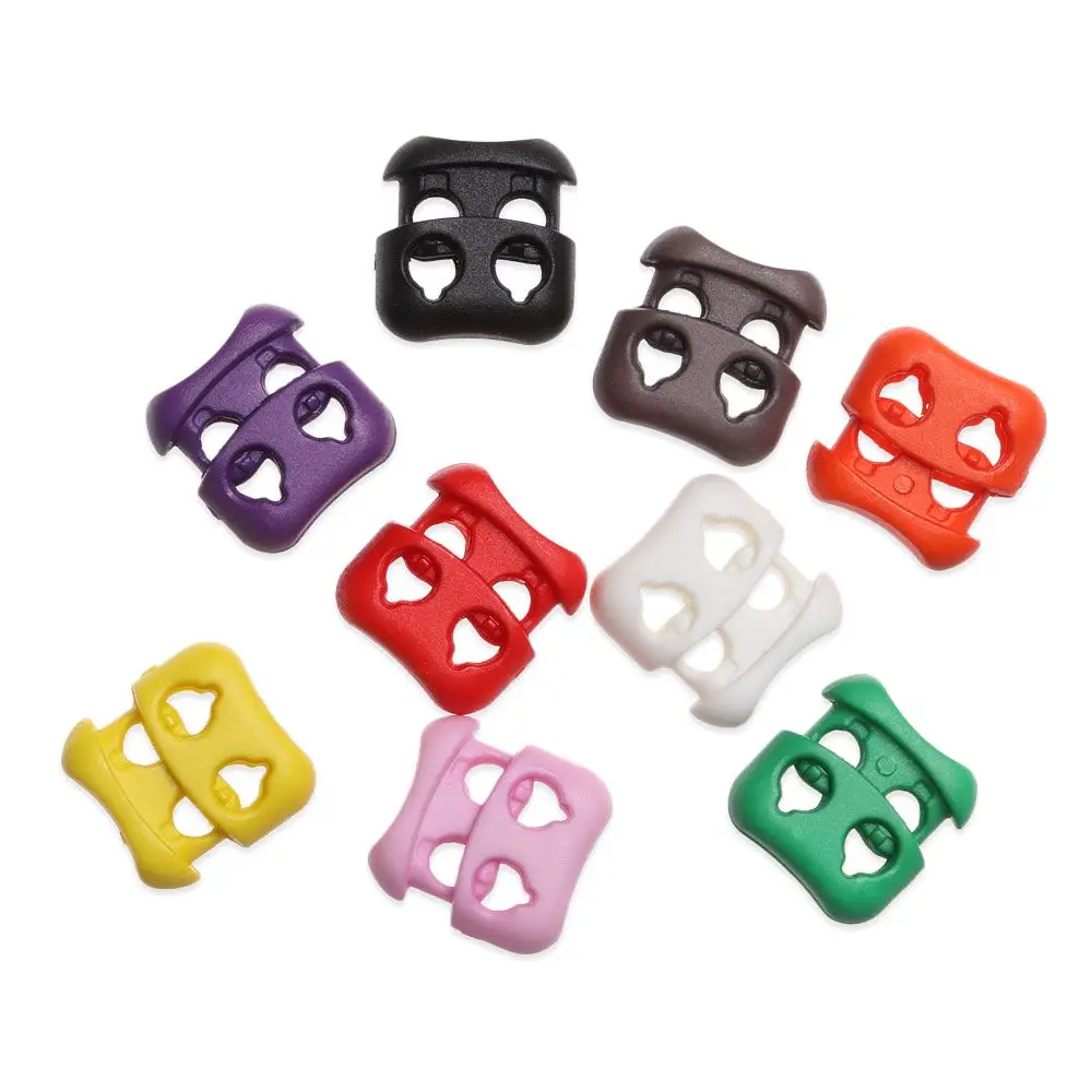 20Pcs Colorful Plastic Stopper Cord Lock 16*16mm Double Hole Bean Toggle Clip 4mm Apparel Shoelace Buckle Sportswear Accessories