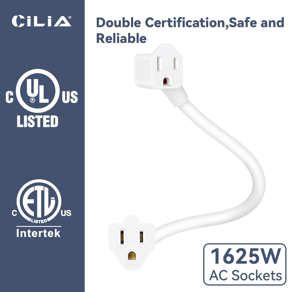 2  US Plug，3 Prong,  Extension Cord，12-inch，Cable With ,2 Outlets,Indoor Outlet Extender 1625W,15A,125V Adapted for the Americas
