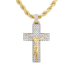 VANAXIN Iced Out Big Cross Jesus Pendant for Women 14k Gold Plated Color Stainless Steel Rope Chain Hip Hop Jewelry
