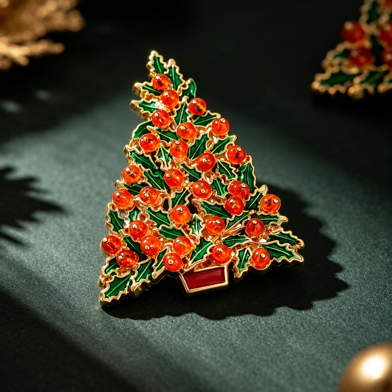 Christmas Brooch Pin Secure Tree Shape Brooch Rhinestone Brooch Pin Orange-Red For Dress Gift Giving Hat