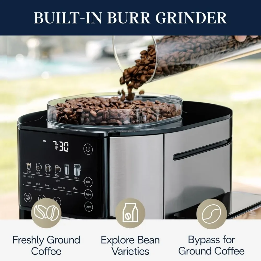 TrueBrew Drip Coffee Maker, Built in Grinder, Single Serve, 8 oz to 24 oz with 40 oz Carafe, Hot or Iced Coffee, Stainless