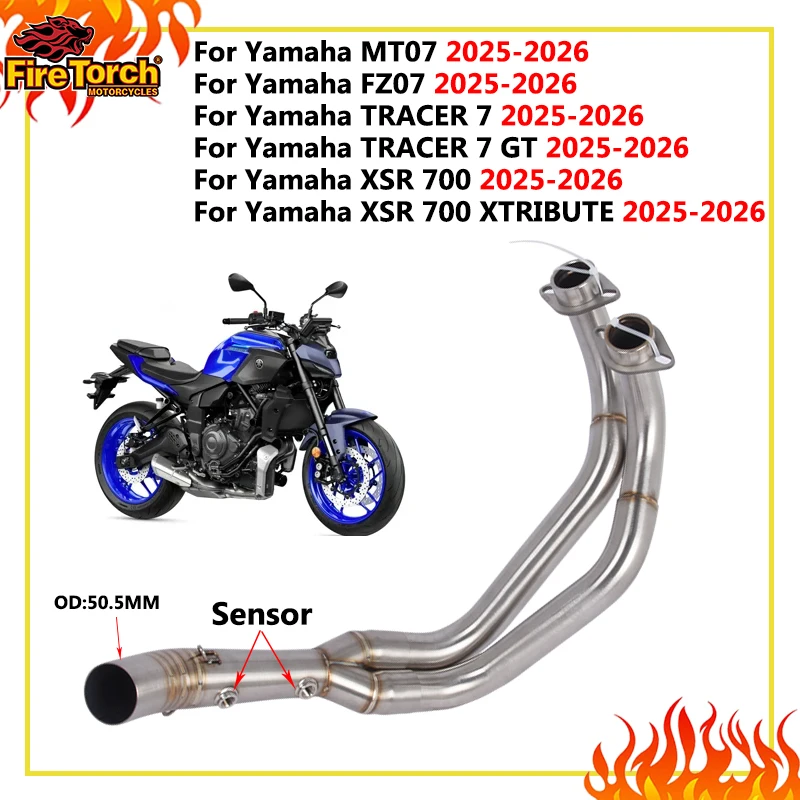 Motorrad-Auspuffanlagen: Front-Verbindungsrohr mit 2 O2-Sensoren zum Aufstecken für Yamaha XSR 700 XTribute MT07 FZ07 Tracer 700 2025 2026