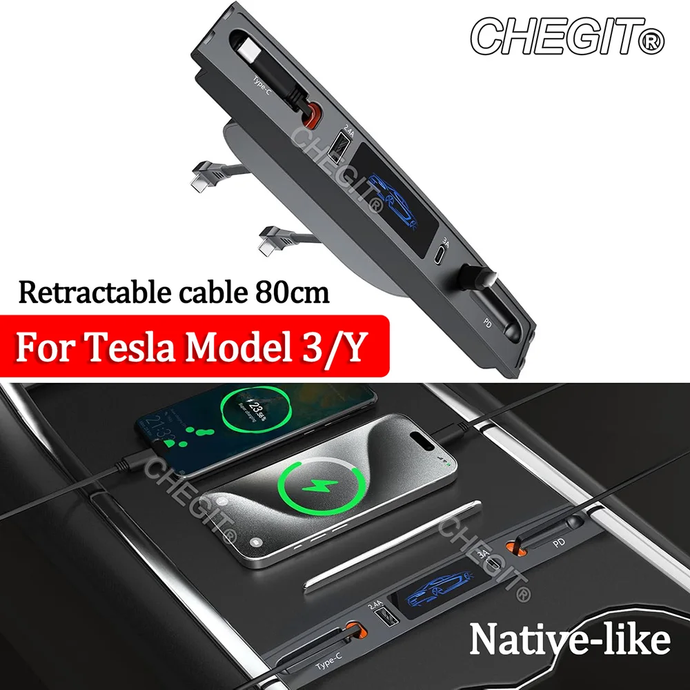 

4 Ports For Tesla Model 3/ Y 2021-23 Docking Station 27W Quick Charger USB LED Shunt Hub Extension Center Console Smart Sensor