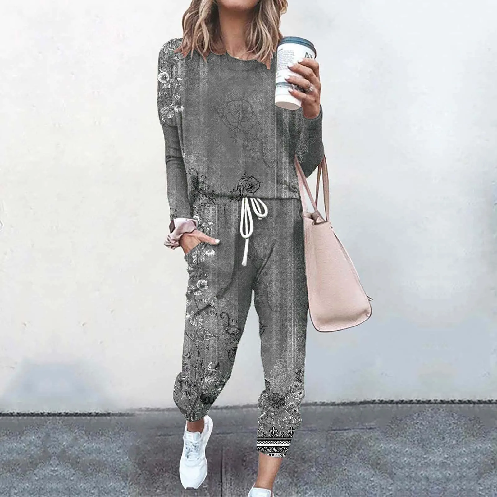 Fall spring Women Casual Sports Tracksuit Set Long Sleeve Hoodie+Drawstring Trousers Women Two Pieces Matching Suits Vintage Set