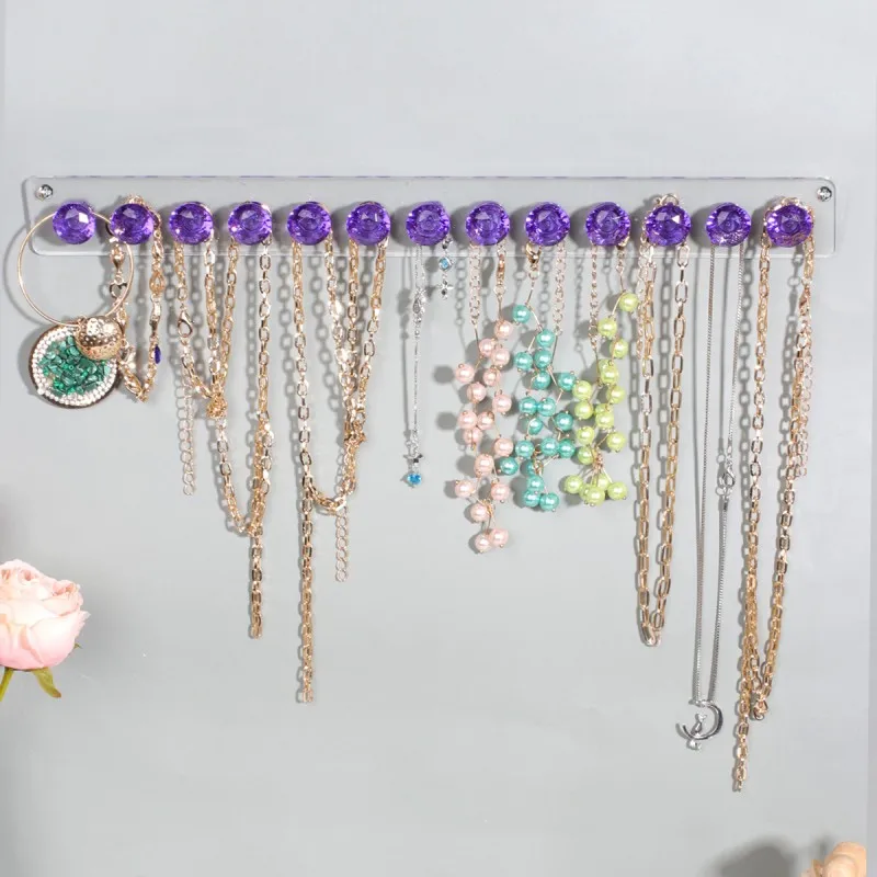 1PC Wall Organizer With Round Ball Hooks Hanging Jewelry Rack Wooden Acrylic Jewelry Display For Holding Necklace Bracelets