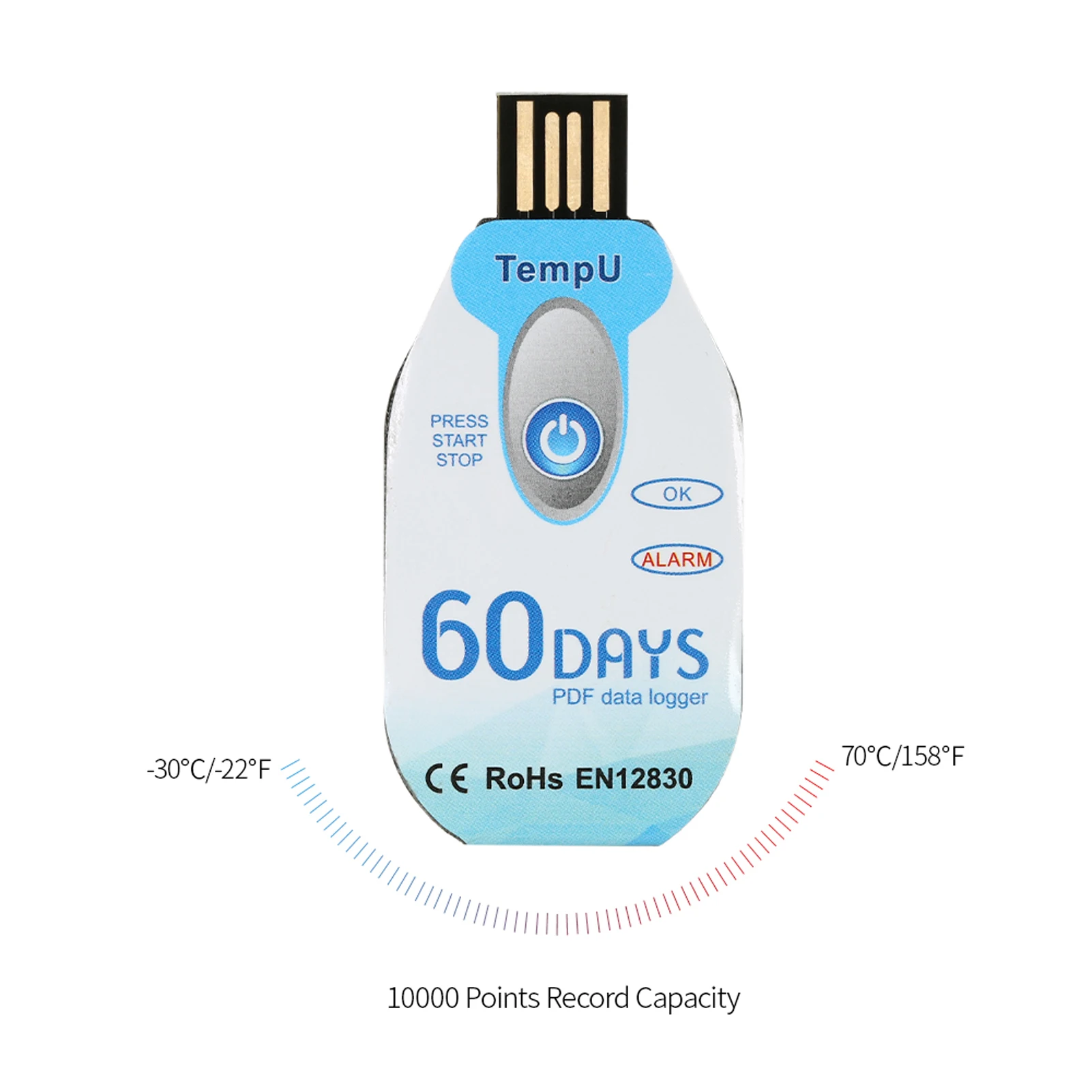 Registrador de Temperatura Desechable, Resistente al Agua, USB, PDF, Registrador de Datos de Temperatura Desechable, Registrador de Temperatura para Cadena de Frío de 60/90 Días