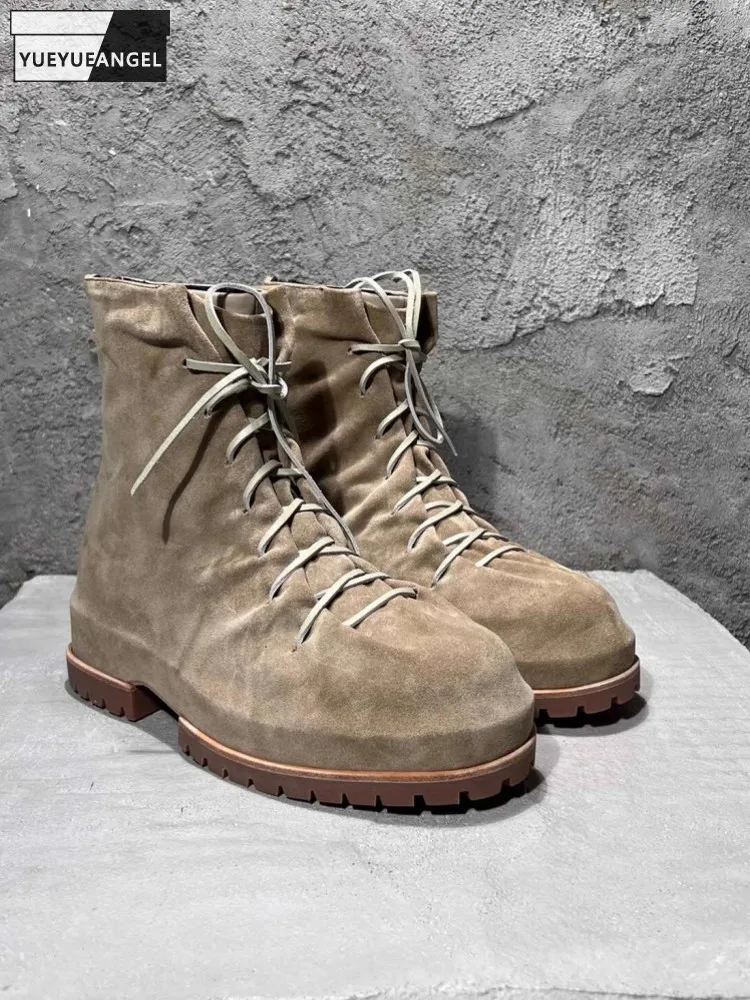 Vintage Mens Pleated Real Suede Leather High Top Shoes Work Safety Shoes Lace Up Thick Platform Motorcycle Riding Desert Boots