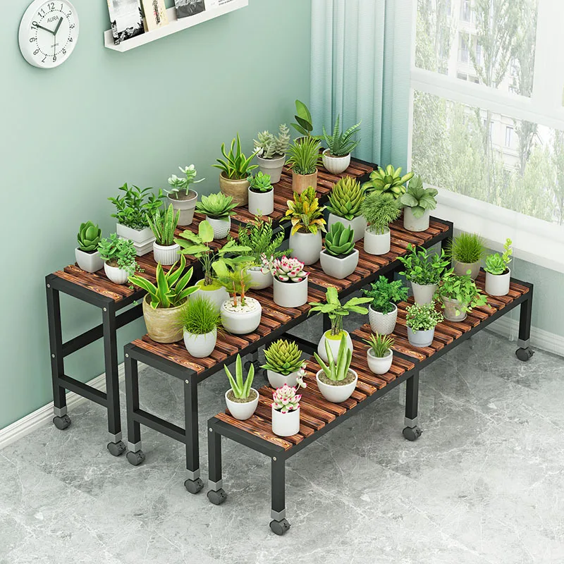 Flower rack, floor-standing balcony storage rack, courtyard multi-tier stepped flower rack, movable solid wood indoor greenery
