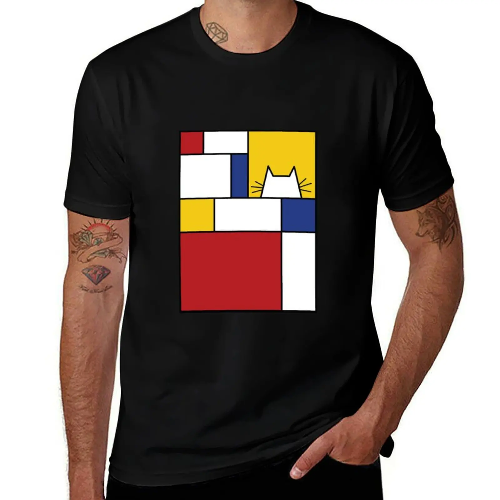 

Piet Mondrian Art Cat Geometric Simple Polychromatic Design T-Shirt Basic Solid Color Short Sleeve Cotton Top