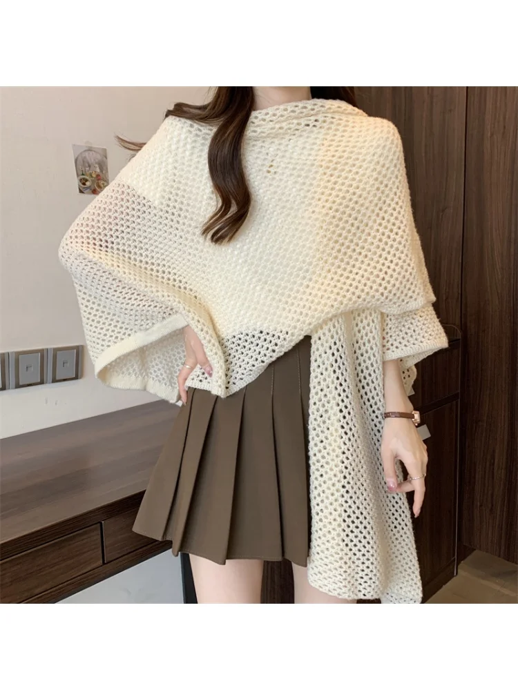 Maillard Brown plus Size Fat Sister Cape and Shawl Knitted Cardigan Women\'s Summer Coat Hollow Cloak Air Conditioning Shirt