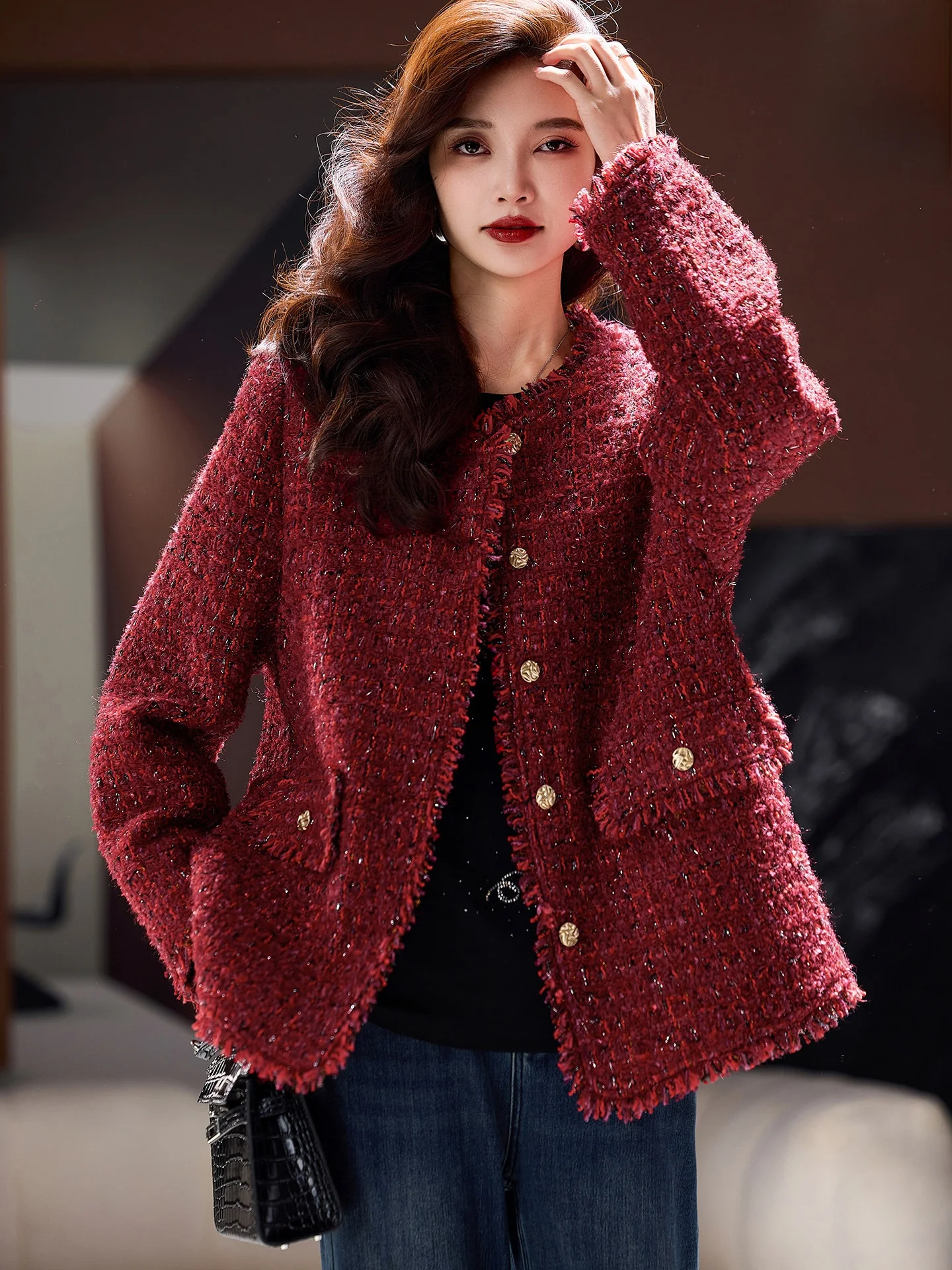 

Red Tassel Outerwear Women's Faion Street Sle Coat Warmth Polyester Fiber Long Sve round Ne Button Closure Casual Wear