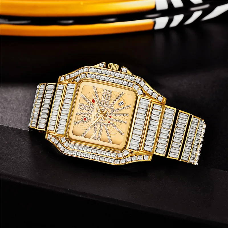 Big Brand Diamond Watches For Male Montre Homme Fashion Alloy Band Hip Hop Golden Date Quartz Watch Relojes Lujo Marcas Men 2024