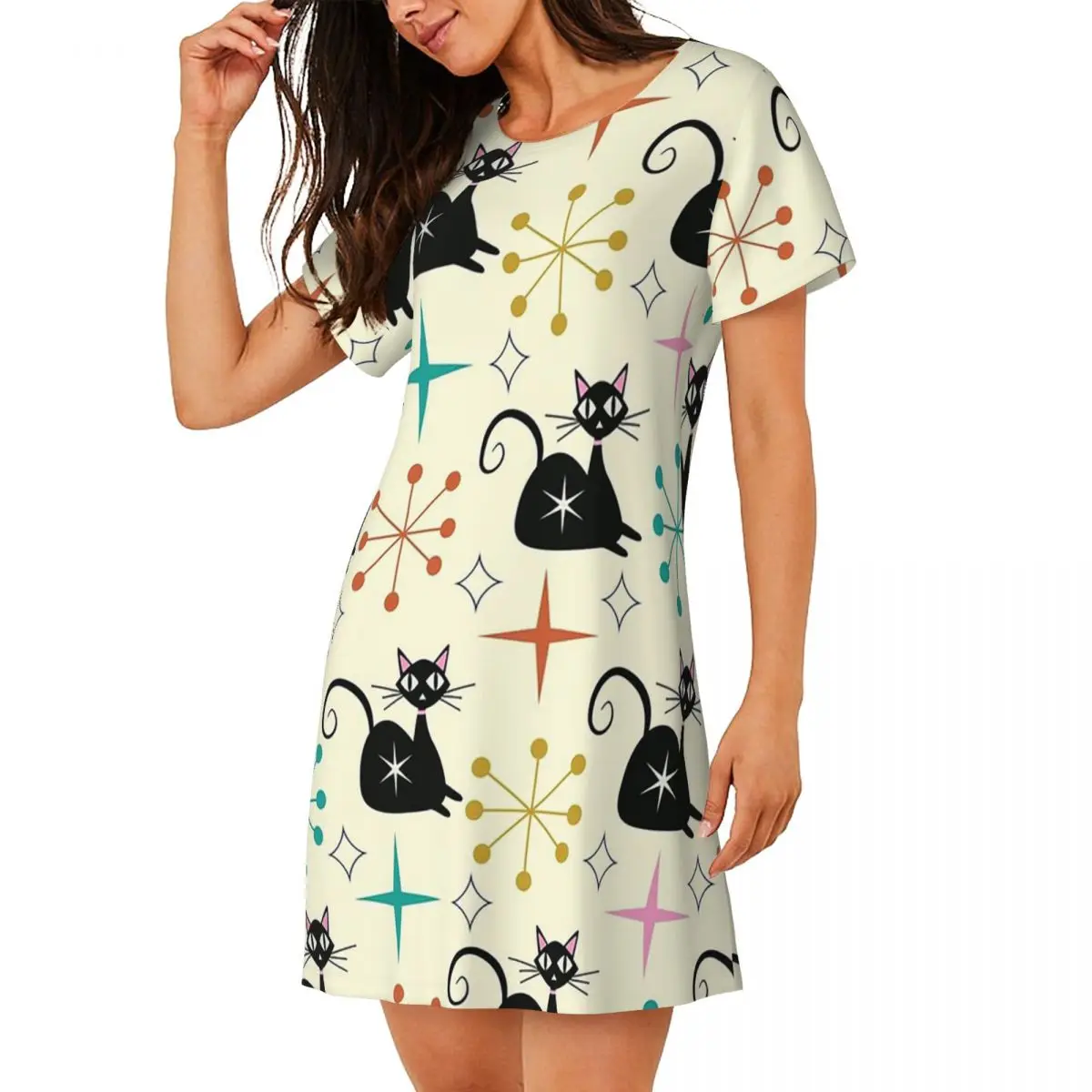 Mid Century Black Atomic Cat With Starbursts Short Sleeves Nightdress For Sleeping Women Short Sleeve Nightgowns Pajama Dress