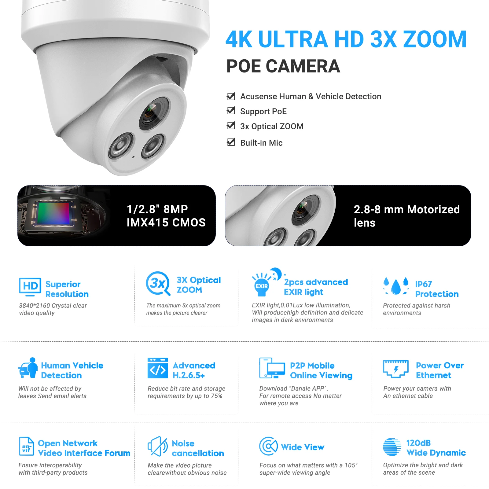 Hikvision Compatible 4K 8MP 3X Zoom POE IP Camera Built-in Mic IP67 Human Vehicle Detection 2.8-8mm Lens support Hikvision NVR