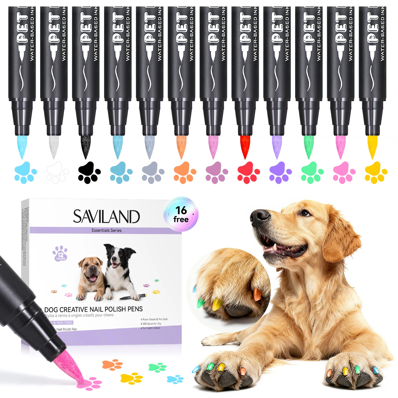 

SAVILAND 12 Colors Pet Nail Polish Pens Quick Dry Non Toxic Odorless Safe for Dogs Cats Easy Apply Brush Tip Home Salon