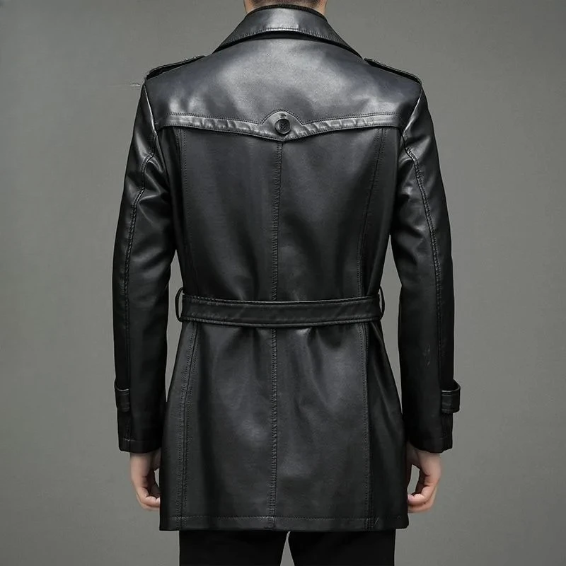 جديد الراقية سترة جلدية الرجال متوسطة وطويلة جلد العجل سترة دعوى الصوف سميكة وسيم خندق معطف جلد طبيعي #3