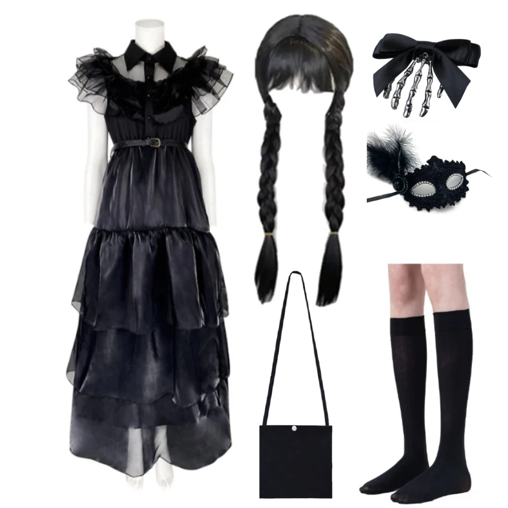 

Wednesday Addams Cosplay Dress Girl Kids Movie Black Gothic Cosplay Costumes Mask Hair Clip Wig Halloween Party Women Clothes