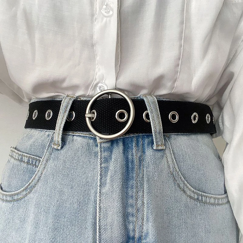 Alloy Heart Square Round Buckle Hollow Unisex Belt Versatile Decorative Canvas Jeans Women's Belt Fashion Ins Style Black Belt