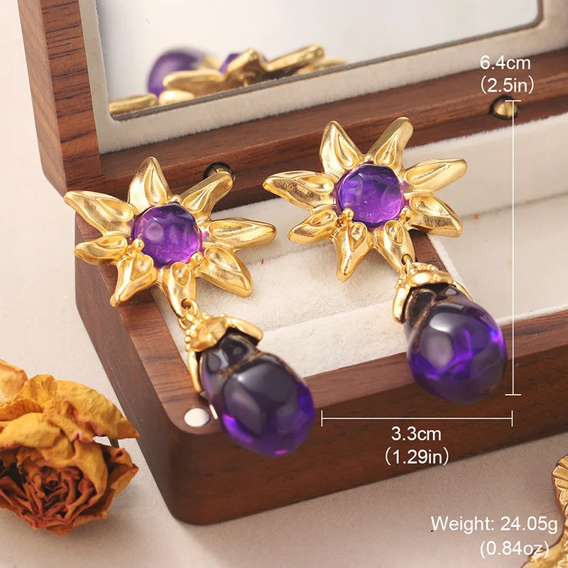 Vintage Style Gold Color Alloy Star Flower Earrings with Green/Violet Crystal Teardrop Dangle - Women's Party Jewelry