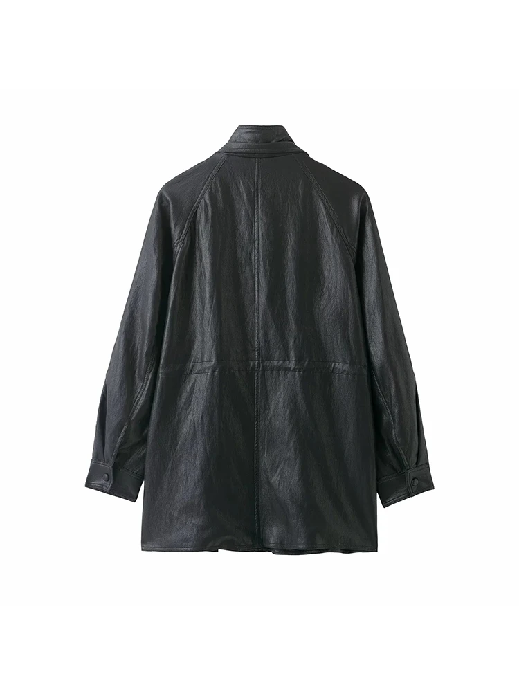 여성 레트로 숏 가죽 재킷 여성 블랙 시크 스탠드 칼라 지퍼 포켓 허리 조임 재킷 여성 데일리 하이스트리트 코트