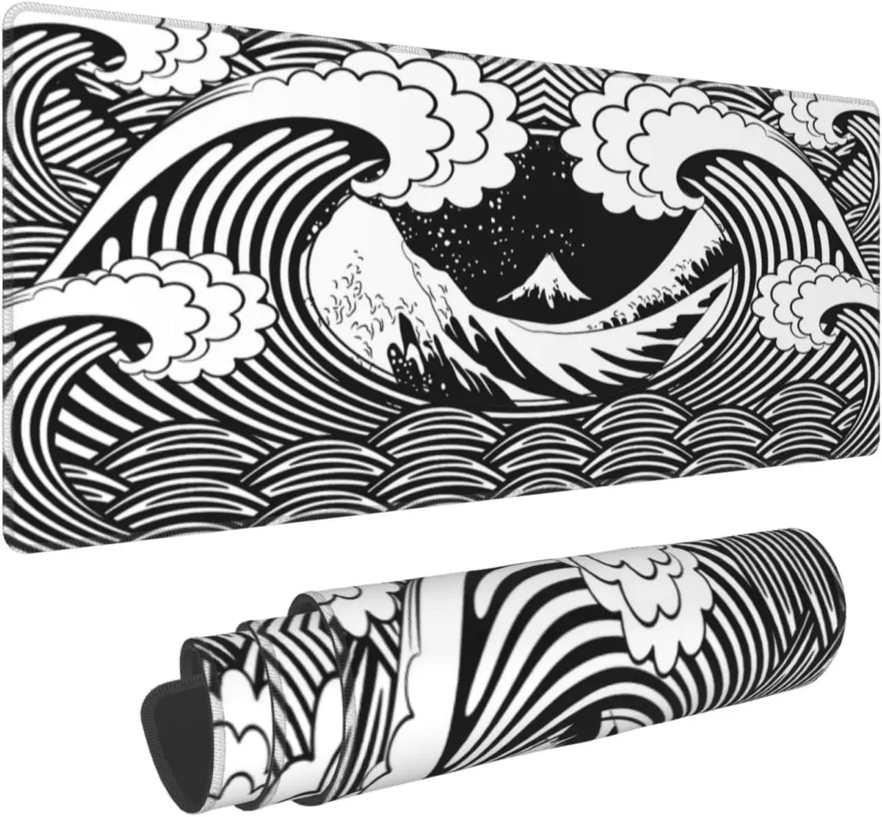 Black and White Japanese Wave Gaming MousePad Non-slip Mouse Mat Sewn Edge DeskPad Laptop Desk Pad Suitable for Home Office