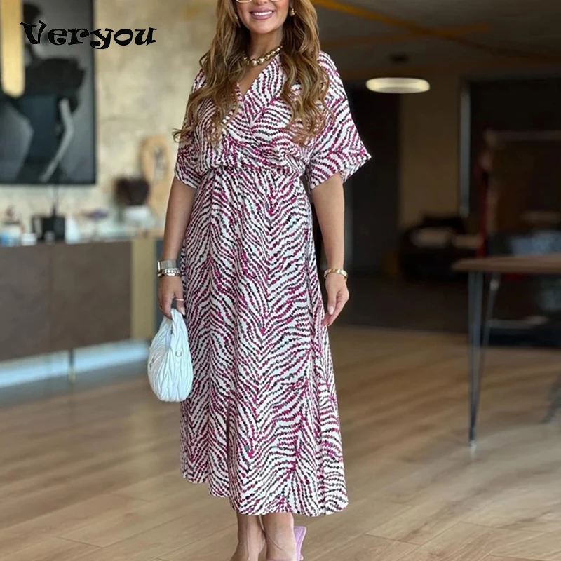 Abito lungo estivo Bech Abito lungo da donna con stampa Boho Abito da donna casual con scollo a V manica corta Abito da festa sexy Abito da festa