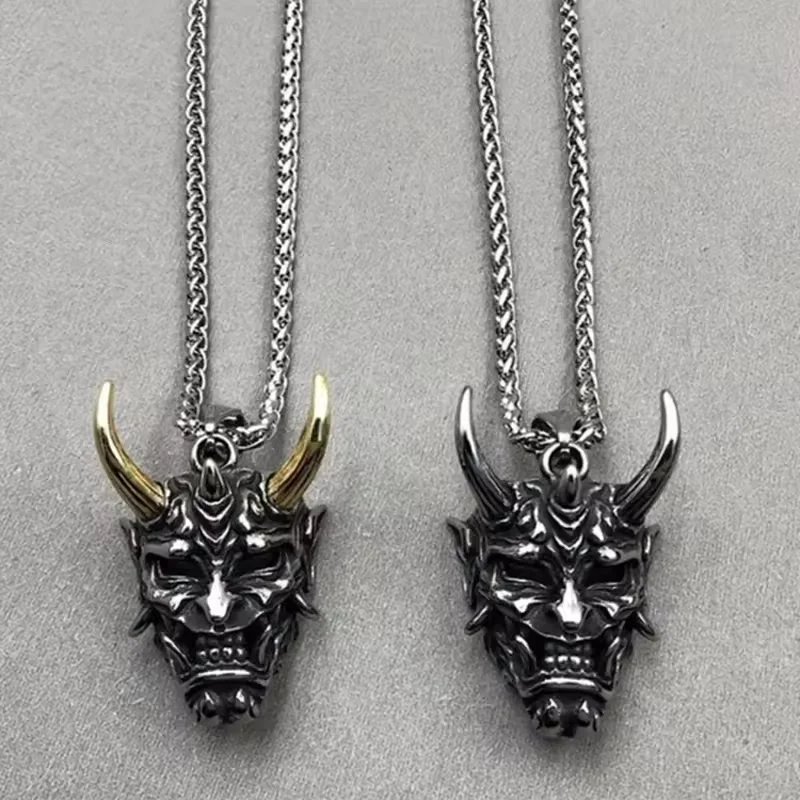 Japanische Gothic-Teufels-Schädel-Grimassen-Masken-Halsketten für Männer, Zahn-Dämonen-Masken-Anhänger, Retro-Punk-Stil-Schmuckgeschenk – Detail 4