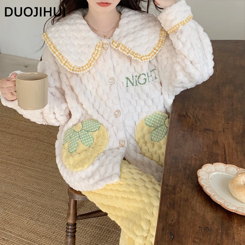 DUOJIHUI Korean Style Fashion Two Piece Female Pajamas Set Winter Contrast Color Chicly Printing Loose Simple Pajamas for Women