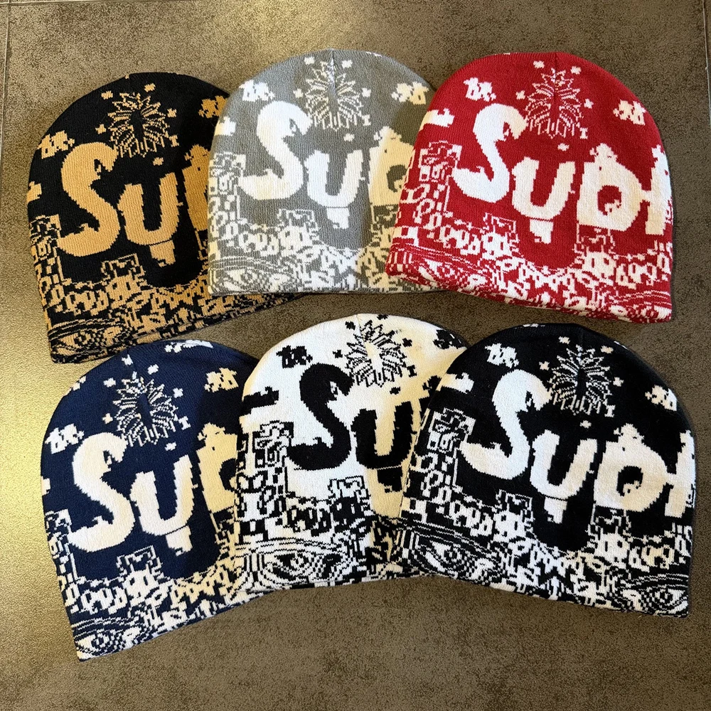 Chapeau décontracté à motif graffiti de style américain rétro, 100% coton, bonnet d'hiver extensible en tricot pour hommes et femmes