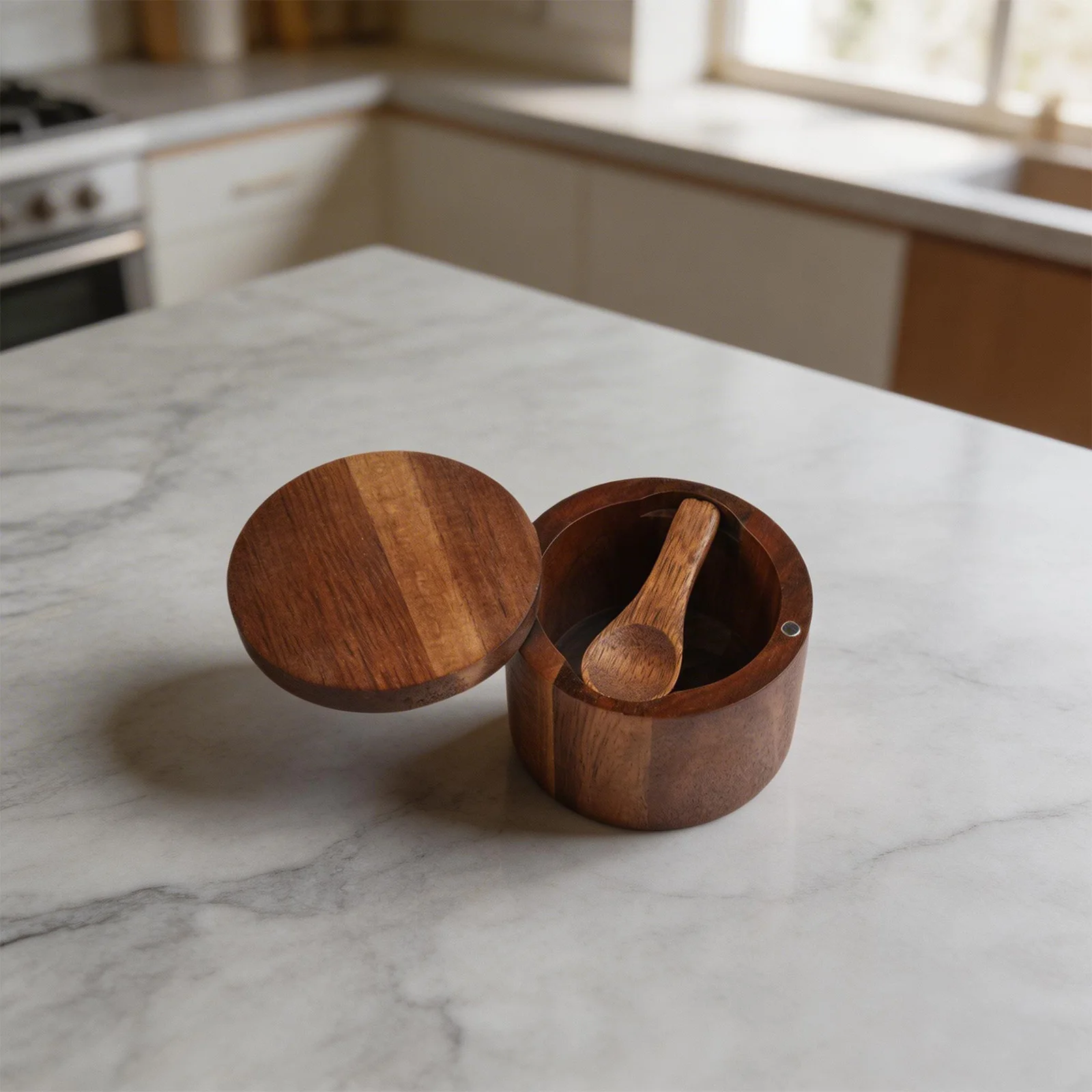 Acacia Wood Salt Shaker Featuring Magnetic Rotating Lid and Spoon Slot for Organized Kitchen Seasoning Container