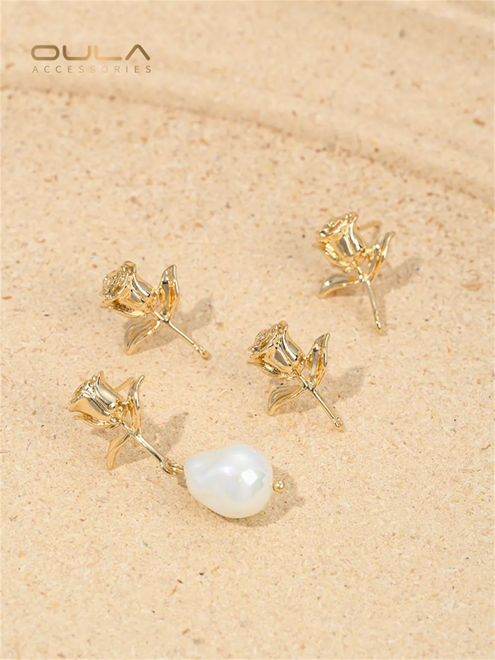 14K Gold-plated Stud Earrings Hanging Branches Leaves Rose Flowers Handcrafted Diy Earring Accessories Handcrafted Earrings Mate
