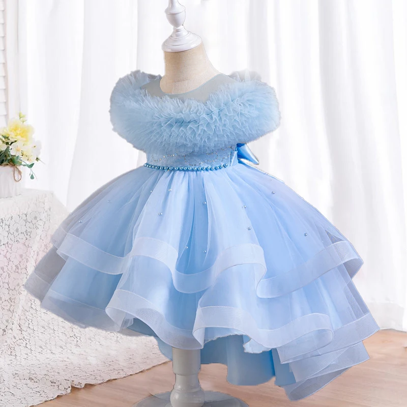 Summer Tulle Princess girl dress Birthday Party trailing Sleeveless Kids Wedding Evening pearl mesh Dresses 4-12Y