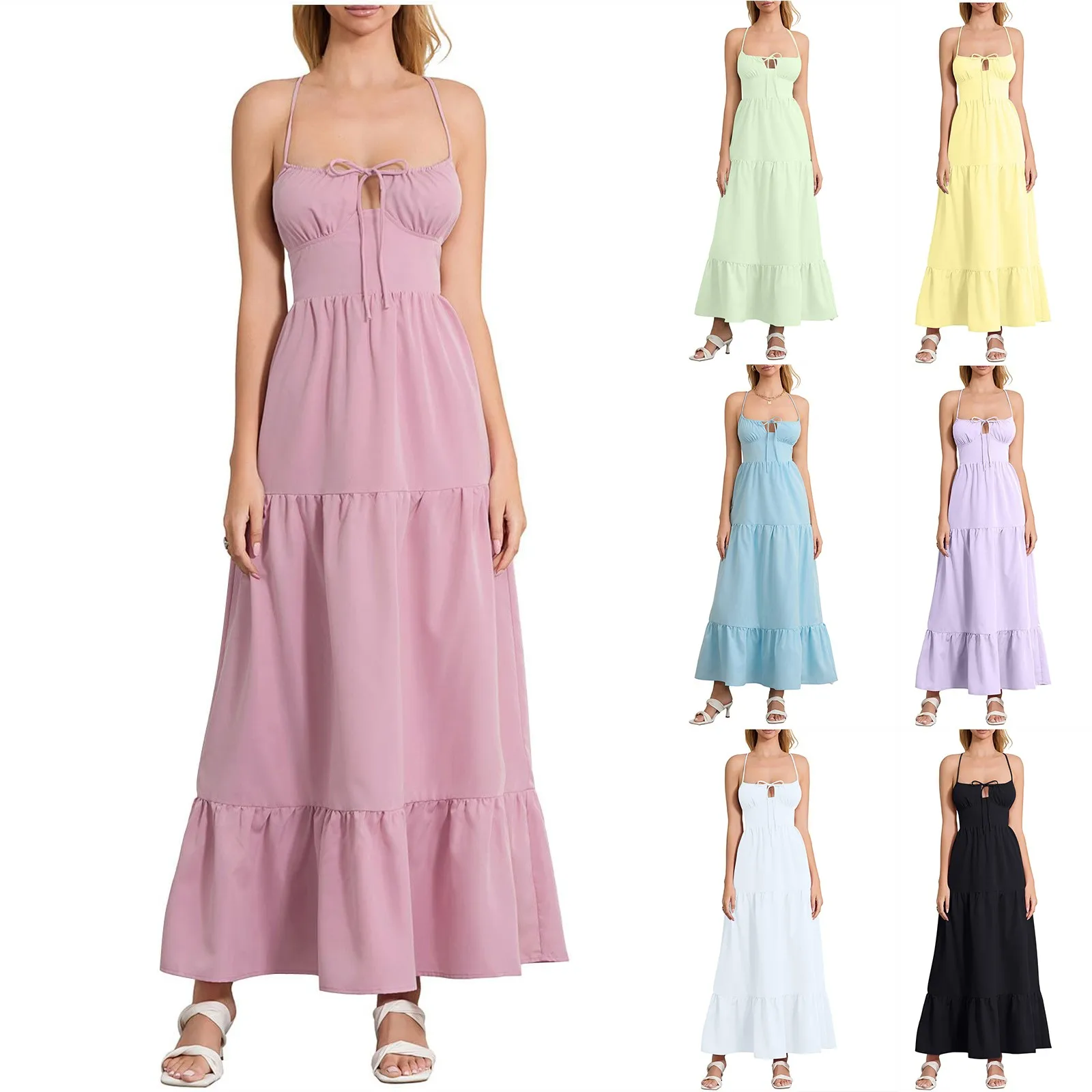 Robe longue à bretelles spaghetti pour femmes, dos nu, couleur unie, sans manches, décontractée, vacances, éducatif