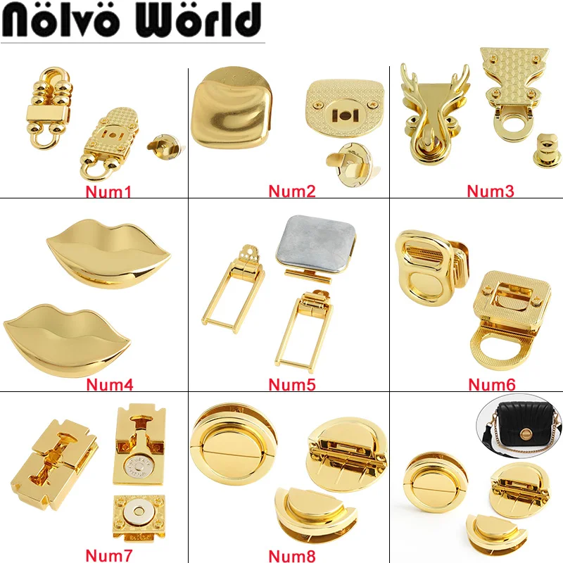 5-10Sets K Gold Metal Press Locks For Bags Handbags Shoulder Purse Tote Square Clasp Turn Lock Replacement Hardware Accessories