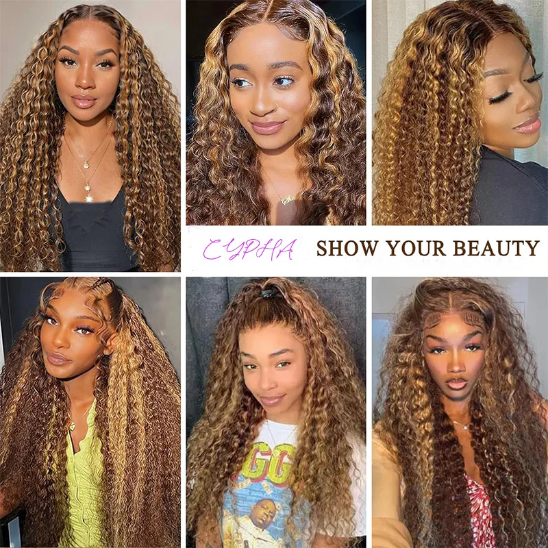 Медовый блондин Ombre 13x5 HD Прозрачный парик фронта шнурка |   Человеческие волосы, текстура глубокой волны, плотность 250%, 26 дюймов, предварительно выщипанные с B