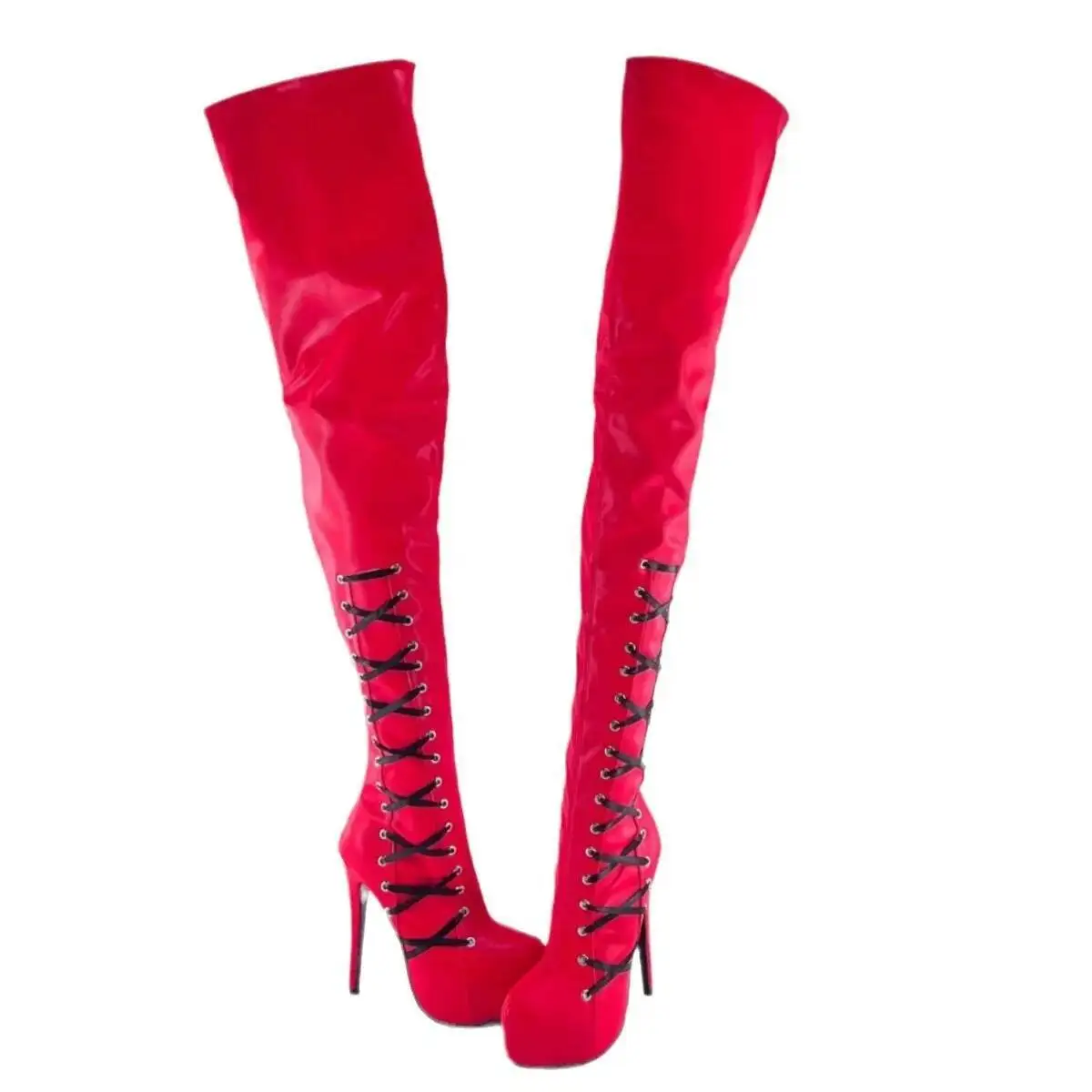하이힐 섹시한 단색 허벅지 부츠 패션 부츠 폴 댄스 부츠 여성 하이힐 가죽 레드 부츠