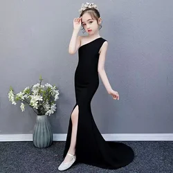 Flower Girl Dresses For Weddings Kids Black One Shoulder Sexy Side Slit Girls Party Dress 3 To 15 Years Communion Dress Girl