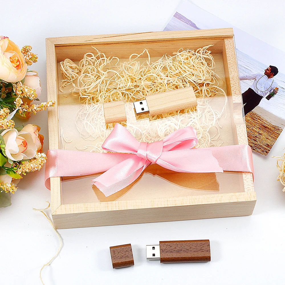 Free Custom Logo USB Flash Drive 128GB Transparent Photo Album Box Memory Stick 64GB Wedding Gift Pen Drive 32GB Wooden U Disk