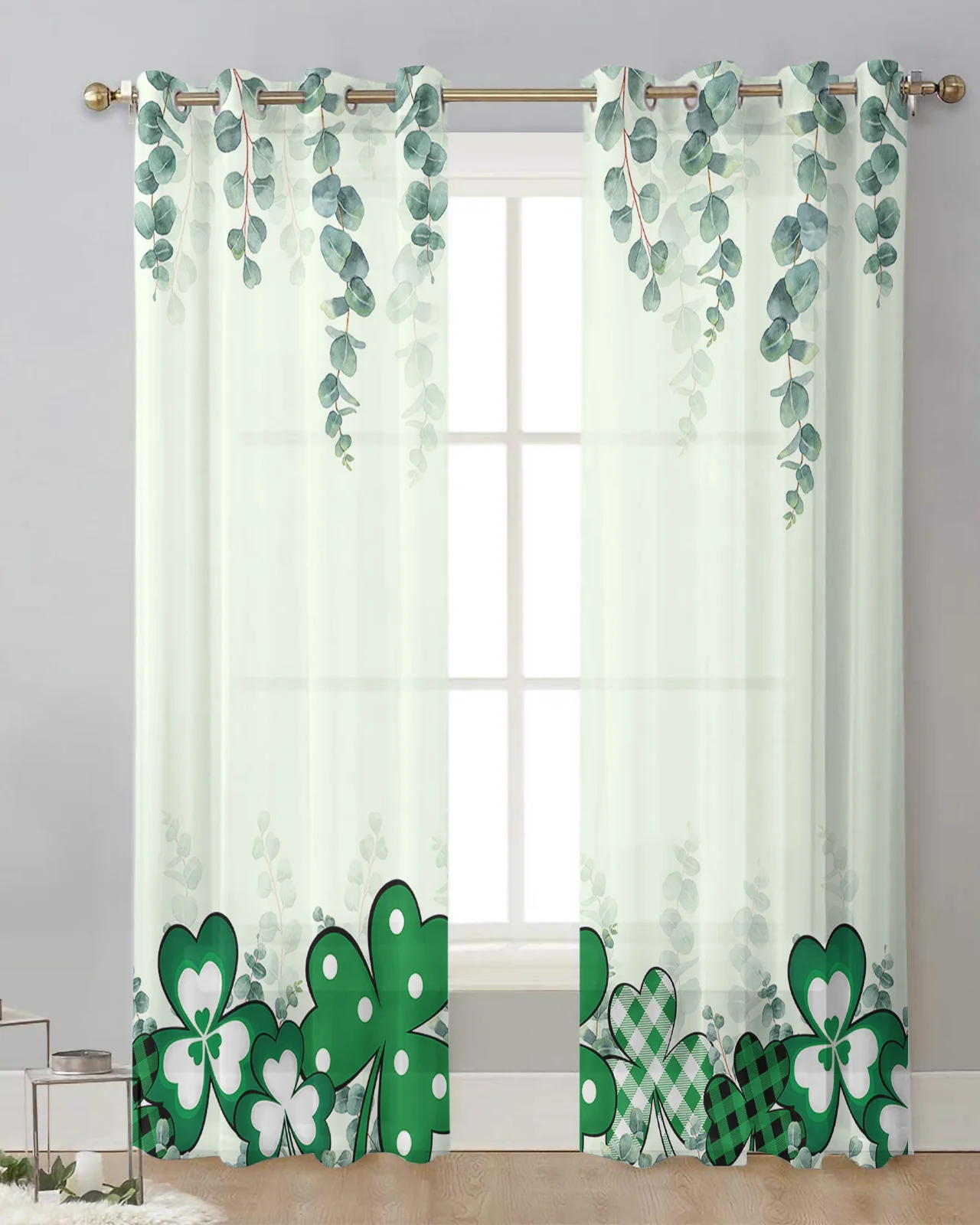 St. Patrick'S Day Clover Eucalyptus Voile Hanging Curtain Living Room Sheer Curtain Home Decor Drapes Gauze Window Panels